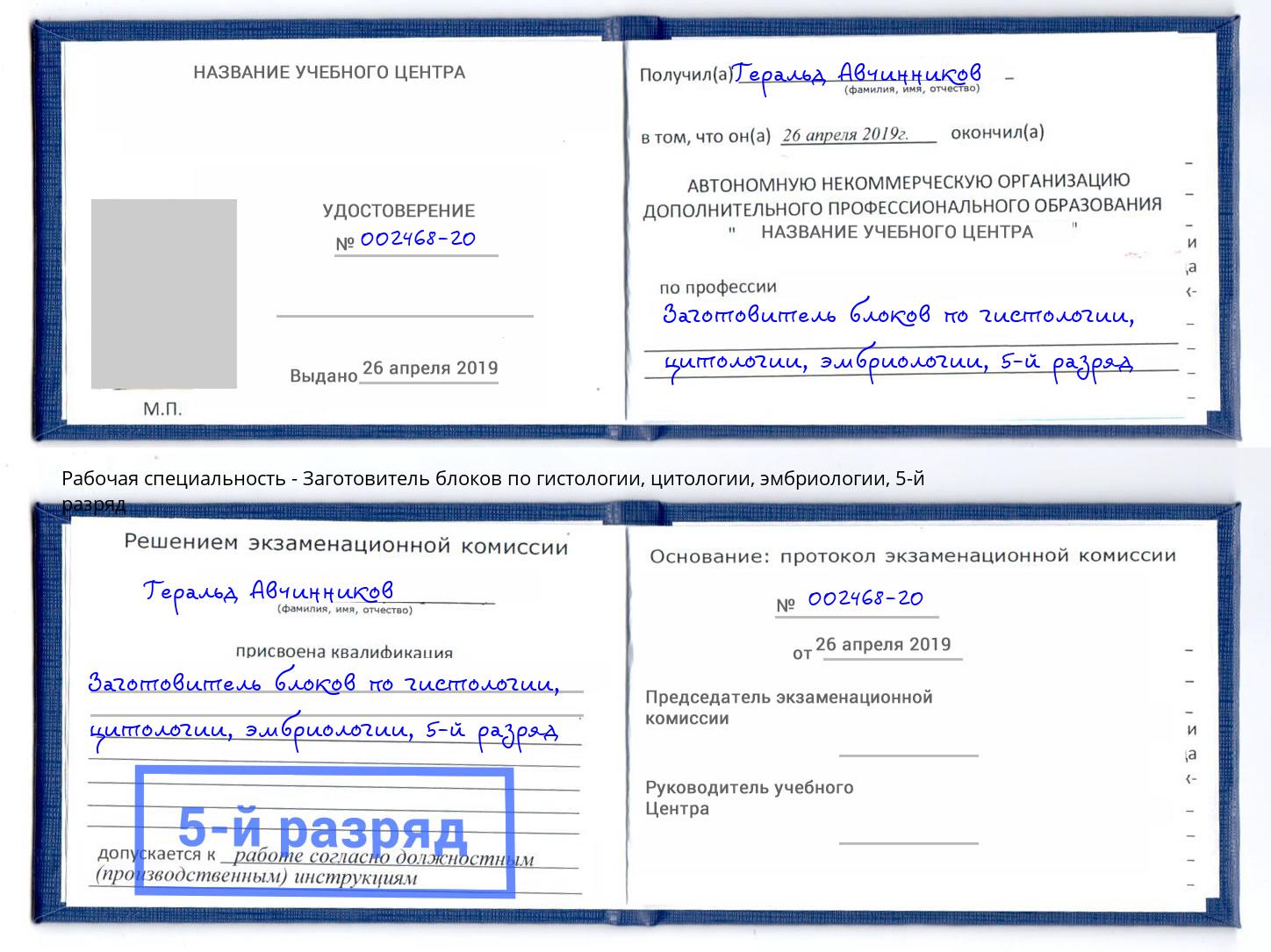 корочка 5-й разряд Заготовитель блоков по гистологии, цитологии, эмбриологии Дагестанские Огни