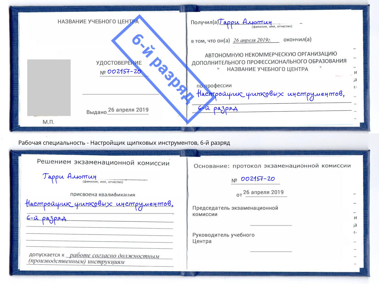 корочка 6-й разряд Настройщик щипковых инструментов Дагестанские Огни