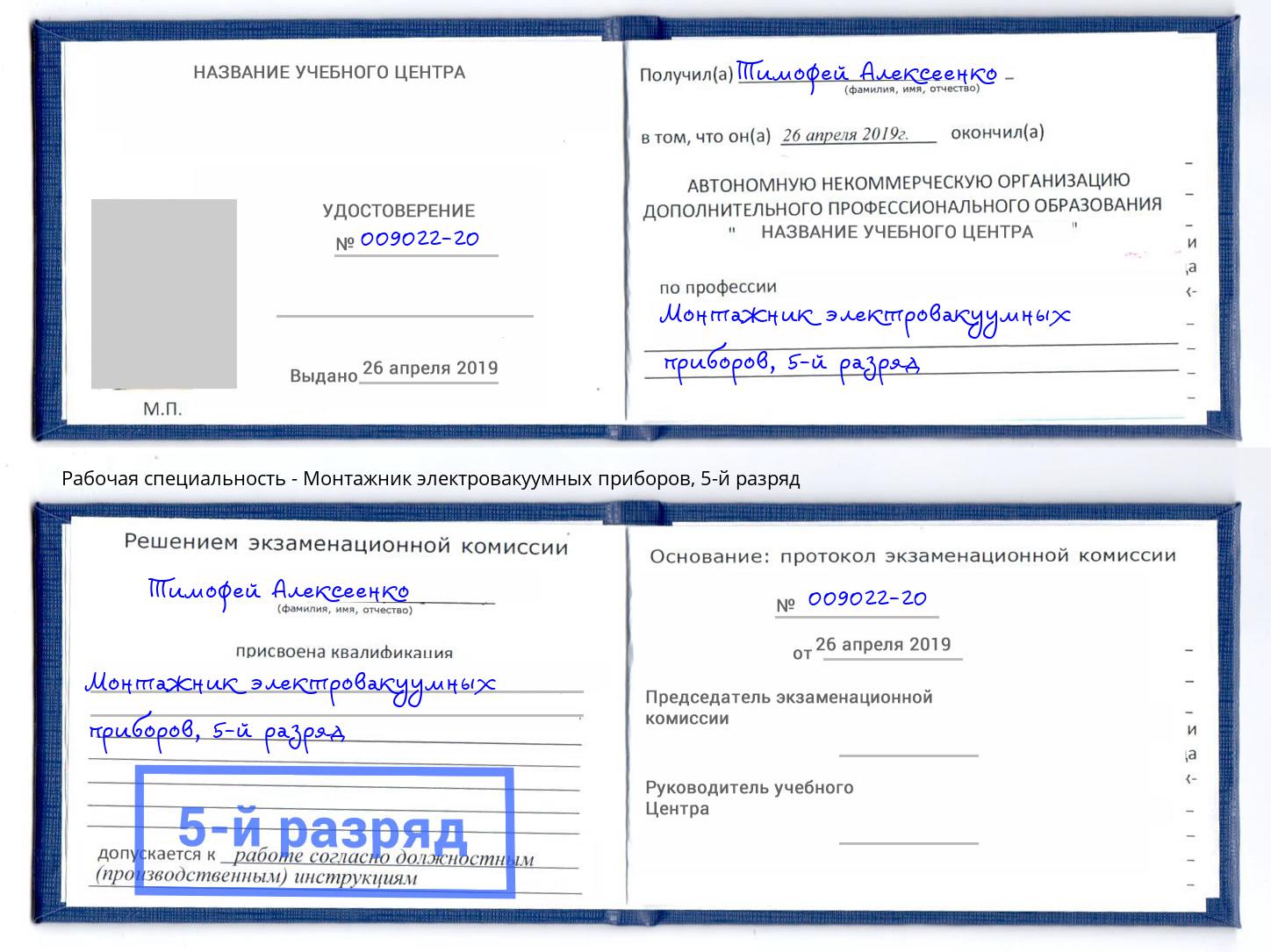 корочка 5-й разряд Монтажник электровакуумных приборов Дагестанские Огни