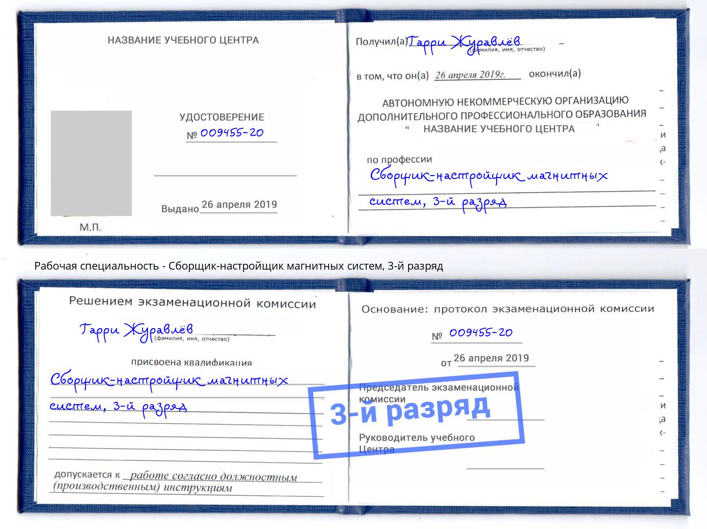 корочка 3-й разряд Сборщик-настройщик магнитных систем Дагестанские Огни