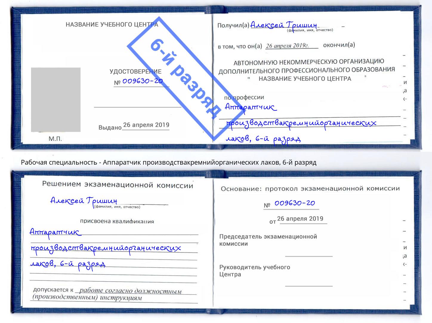 корочка 6-й разряд Аппаратчик производствакремнийорганических лаков Дагестанские Огни