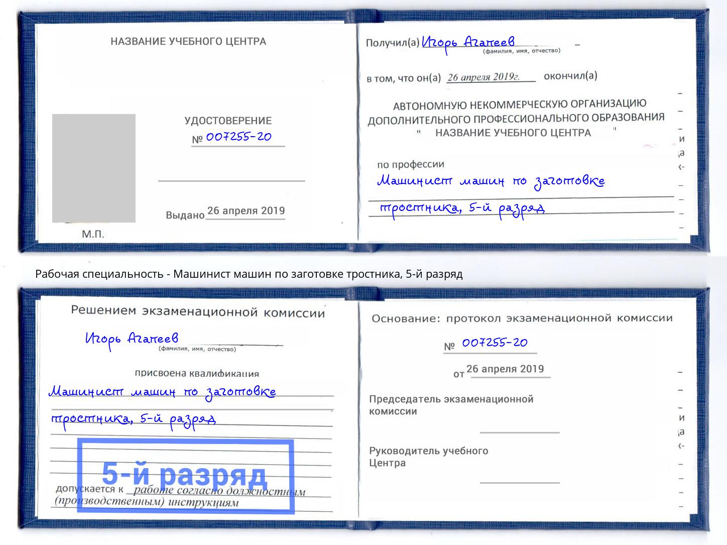 корочка 5-й разряд Машинист машин по заготовке тростника Дагестанские Огни