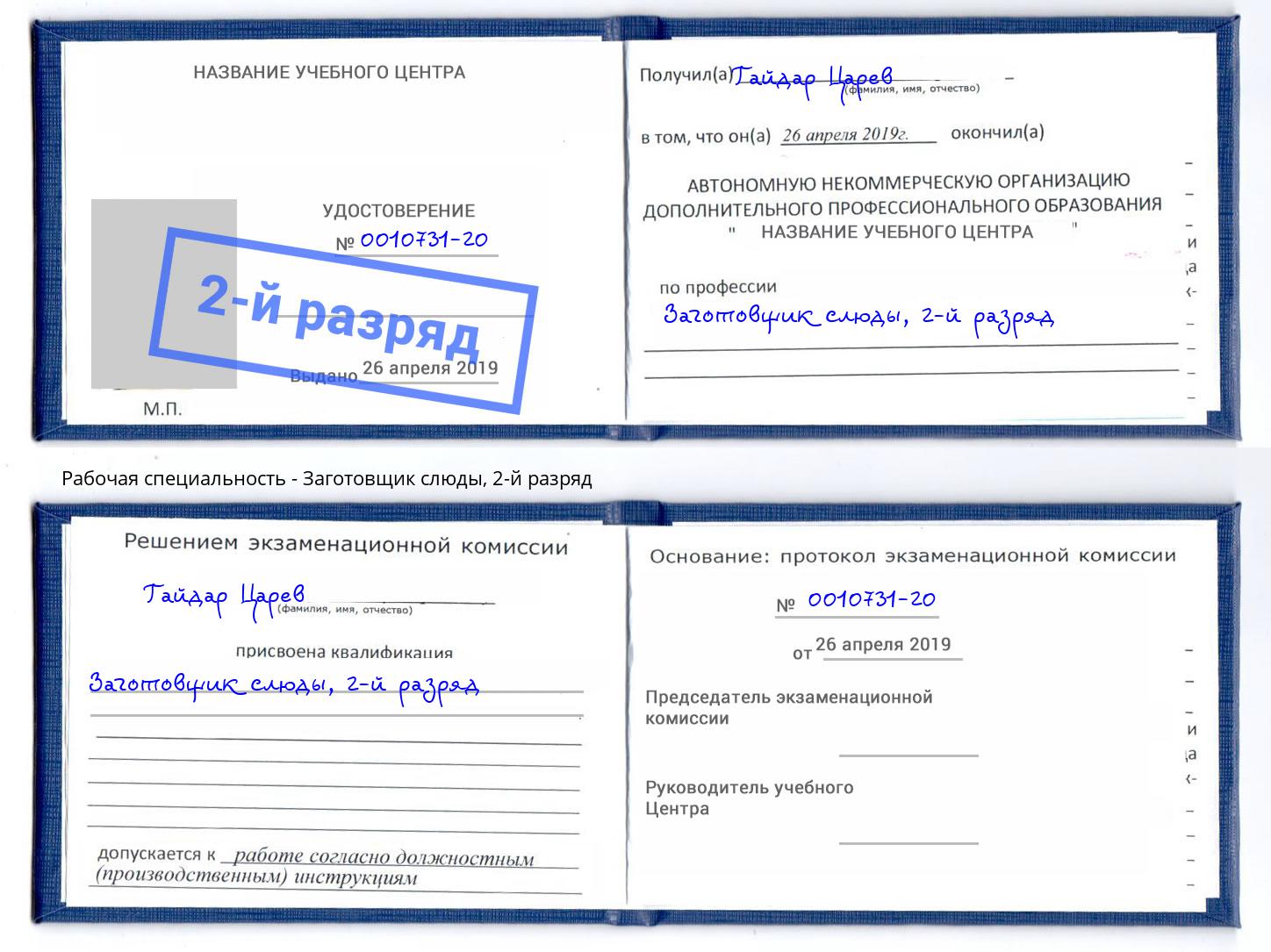 корочка 2-й разряд Заготовщик слюды Дагестанские Огни