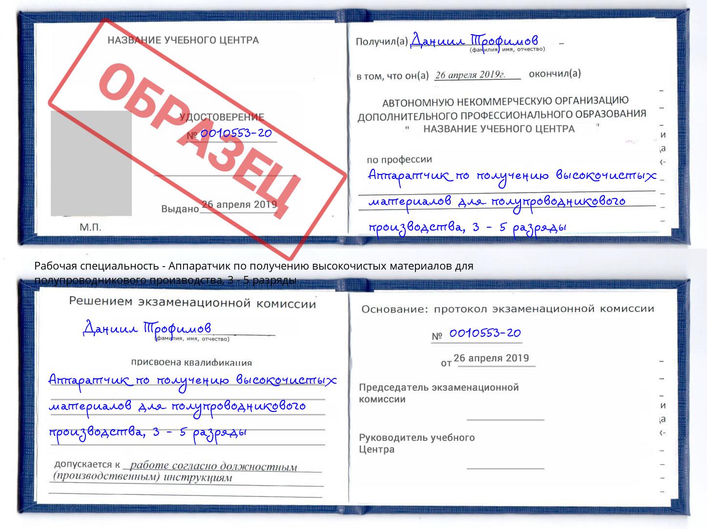 корочка 3 - 5 разряды Аппаратчик по получению высокочистых материалов для полупроводникового производства Дагестанские Огни