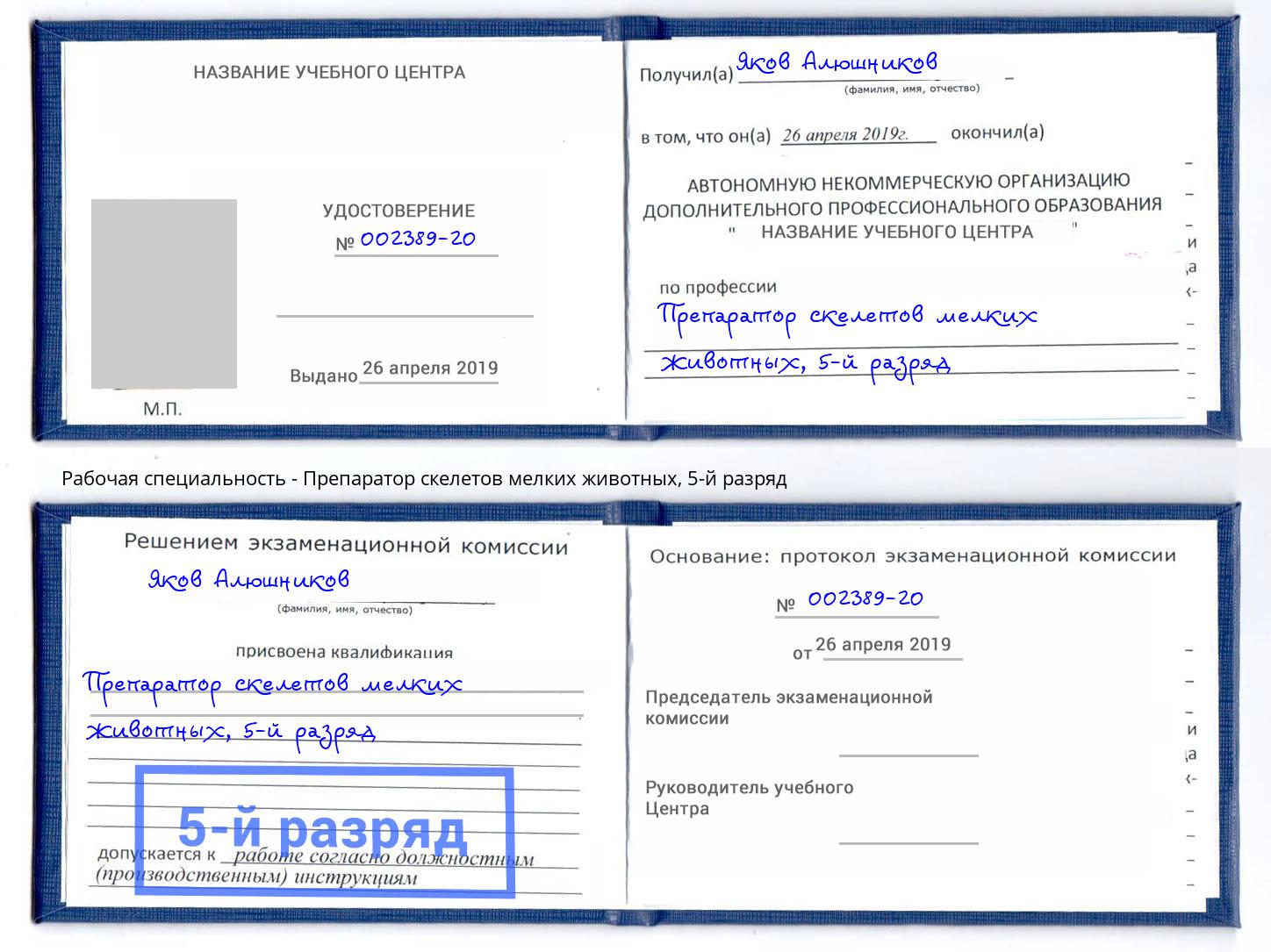 корочка 5-й разряд Препаратор скелетов мелких животных Дагестанские Огни