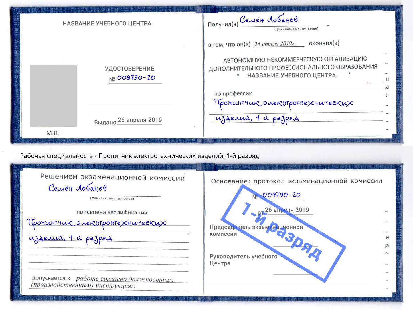 корочка 1-й разряд Пропитчик электротехнических изделий Дагестанские Огни