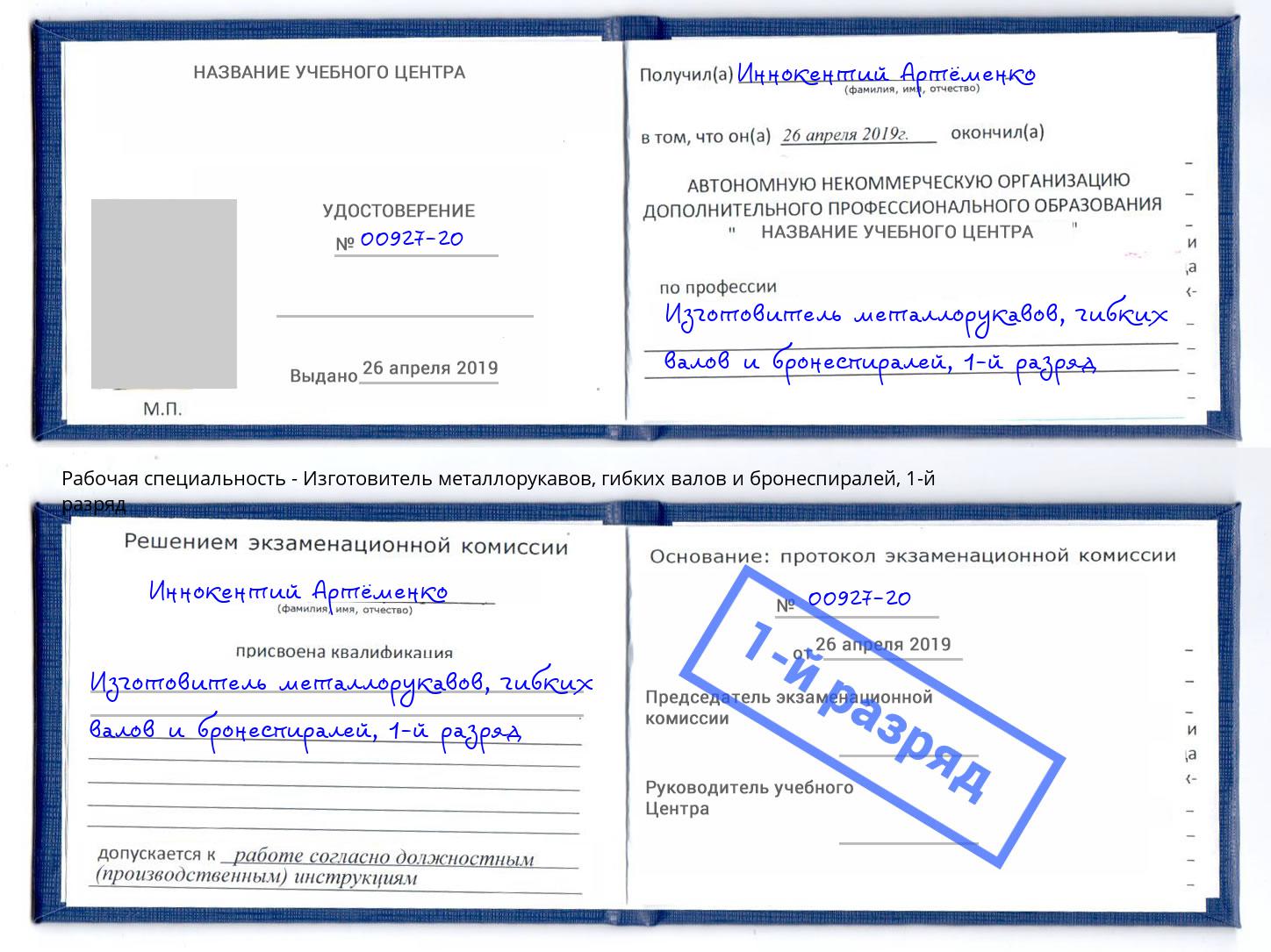 корочка 1-й разряд Изготовитель металлорукавов, гибких валов и бронеспиралей Дагестанские Огни