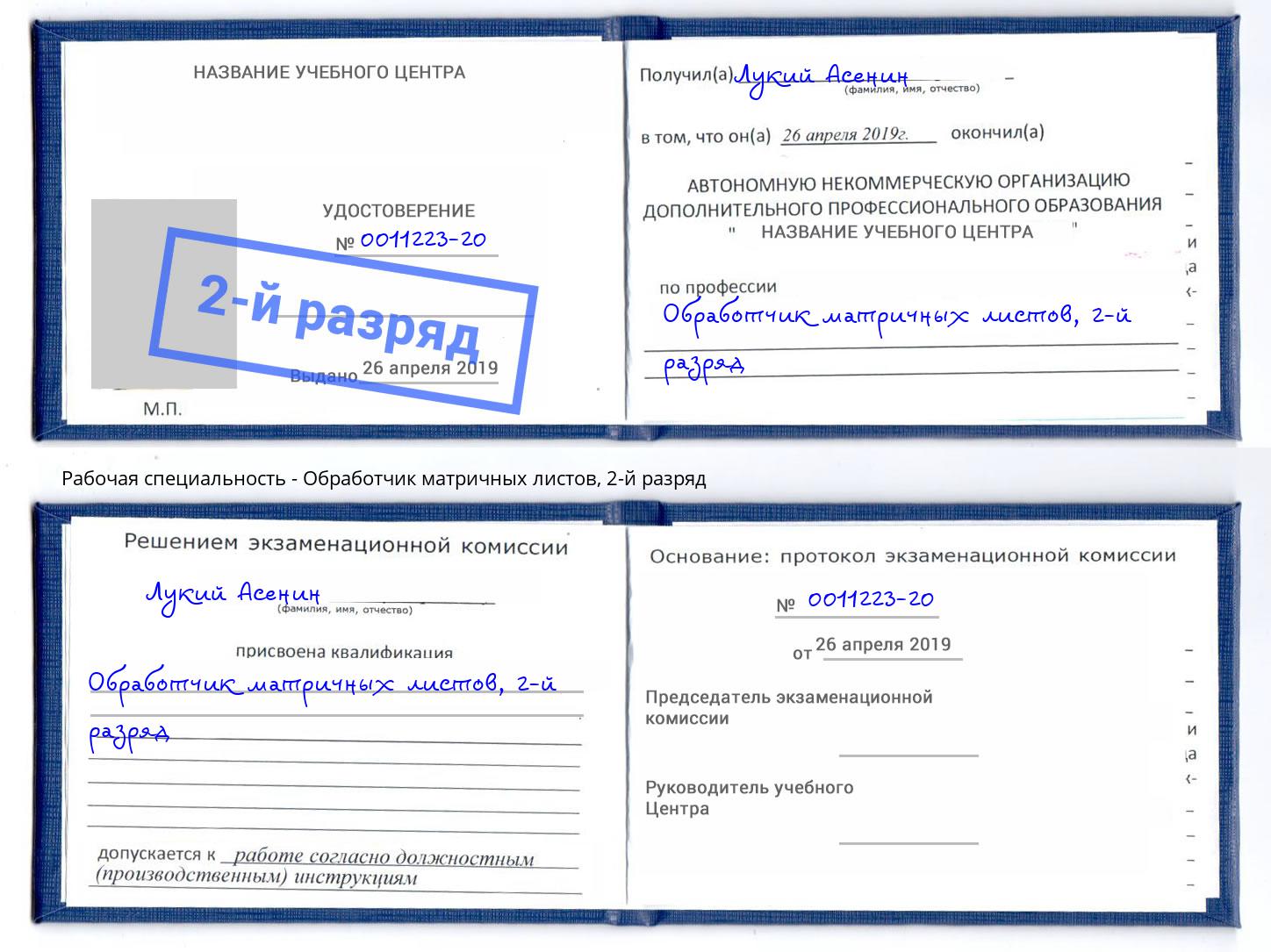 корочка 2-й разряд Обработчик матричных листов Дагестанские Огни
