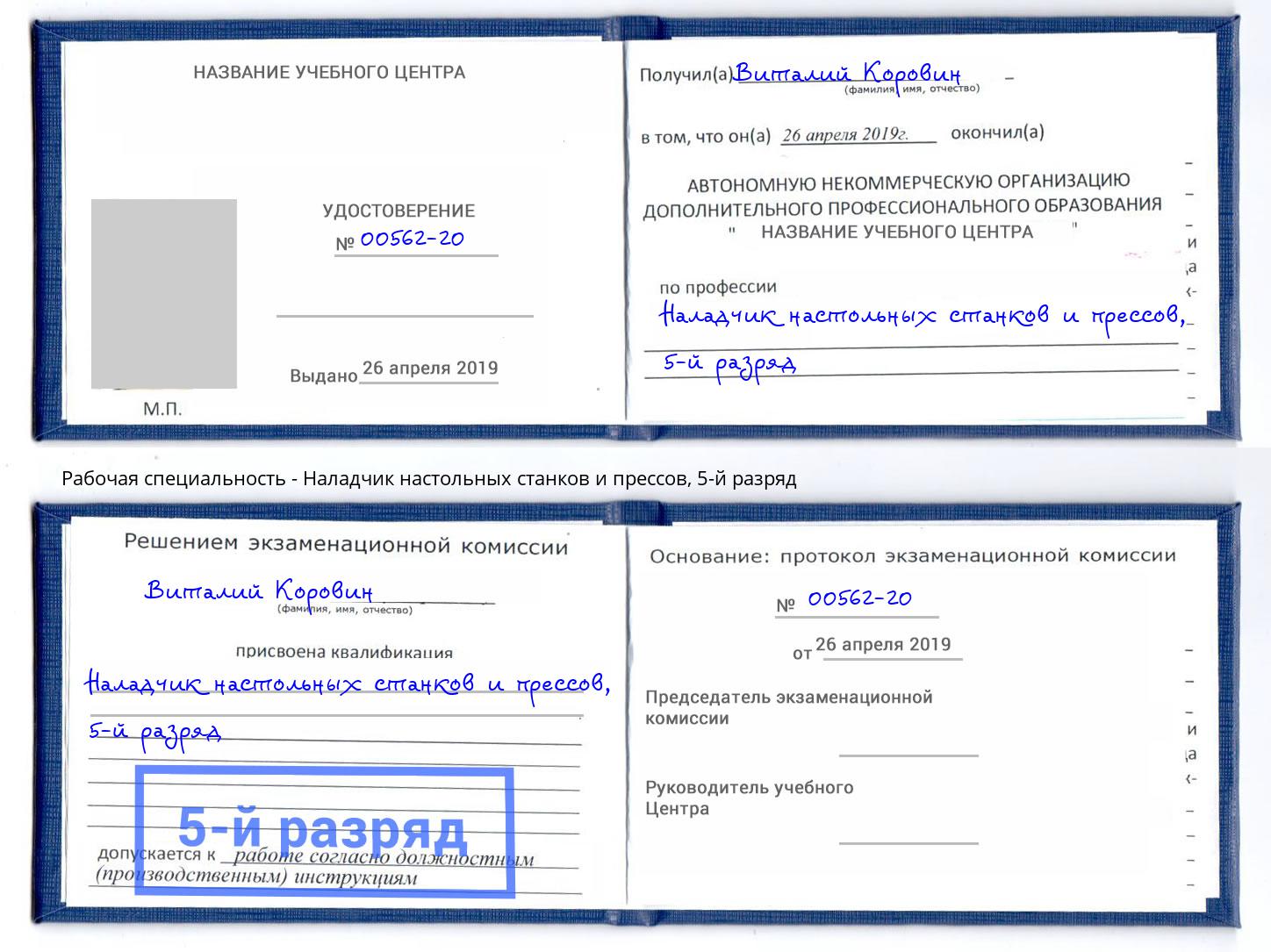 корочка 5-й разряд Наладчик настольных станков и прессов Дагестанские Огни