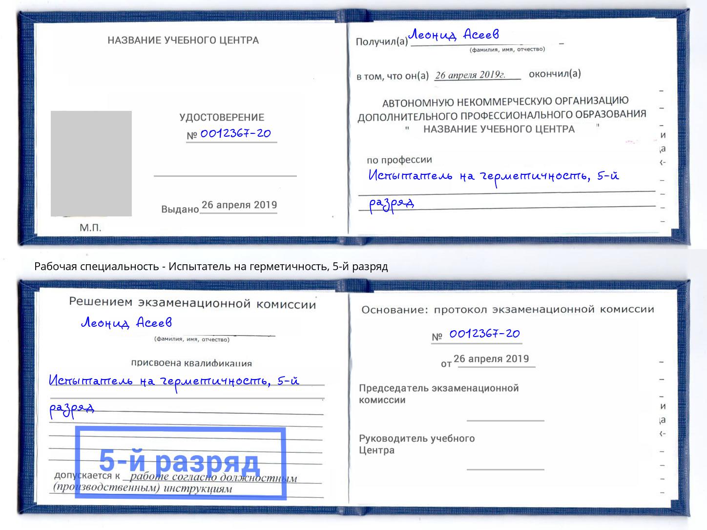 корочка 5-й разряд Испытатель на герметичность Дагестанские Огни