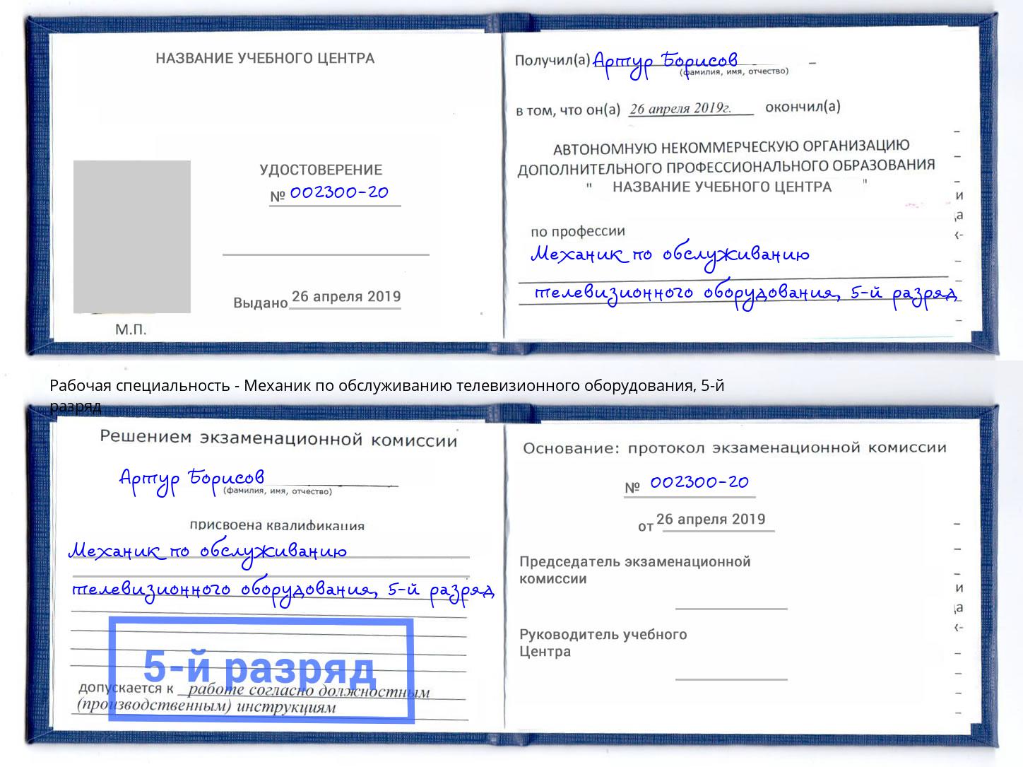 корочка 5-й разряд Механик по обслуживанию телевизионного оборудования Дагестанские Огни