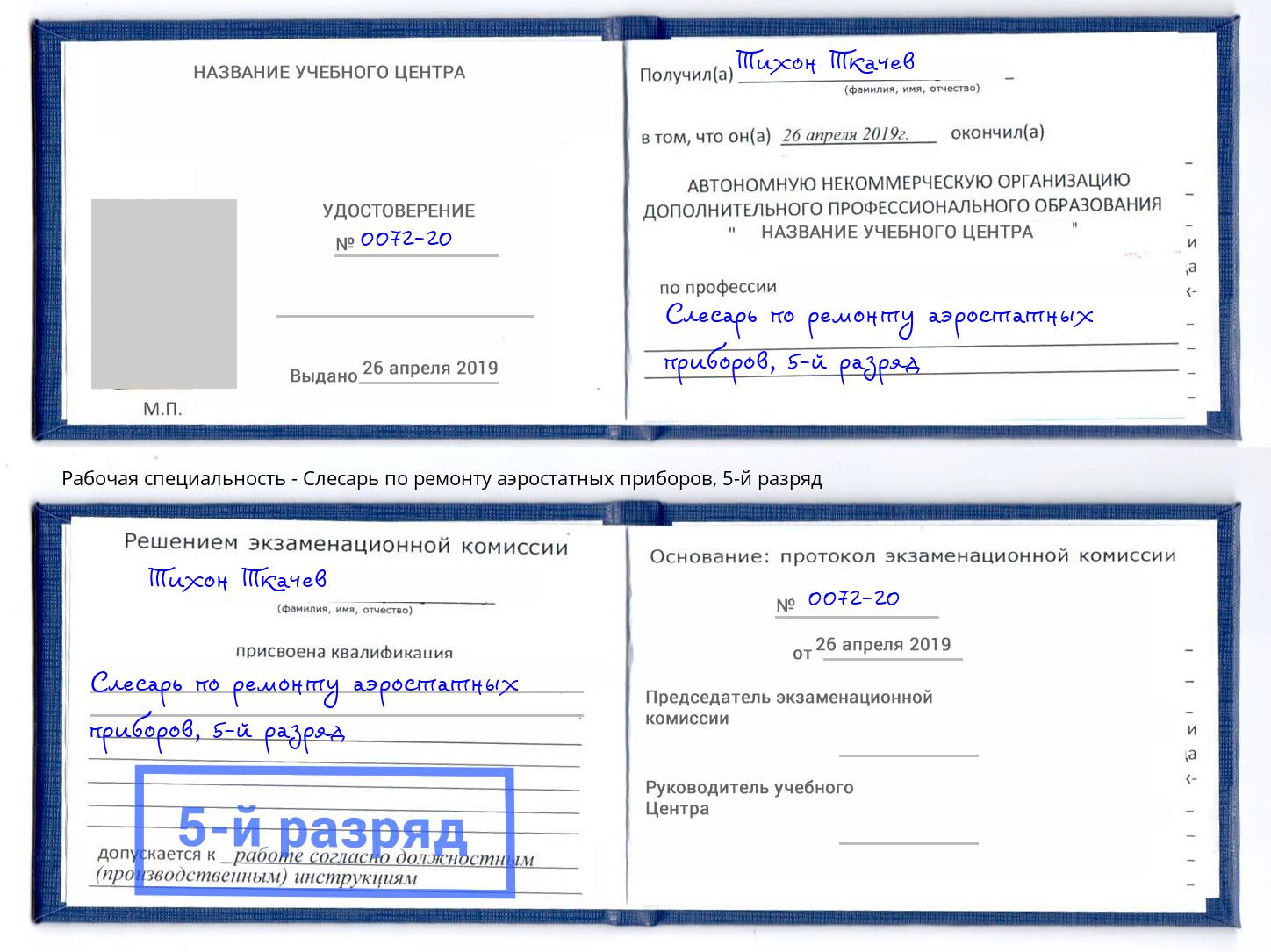 корочка 5-й разряд Слесарь по ремонту аэростатных приборов Дагестанские Огни