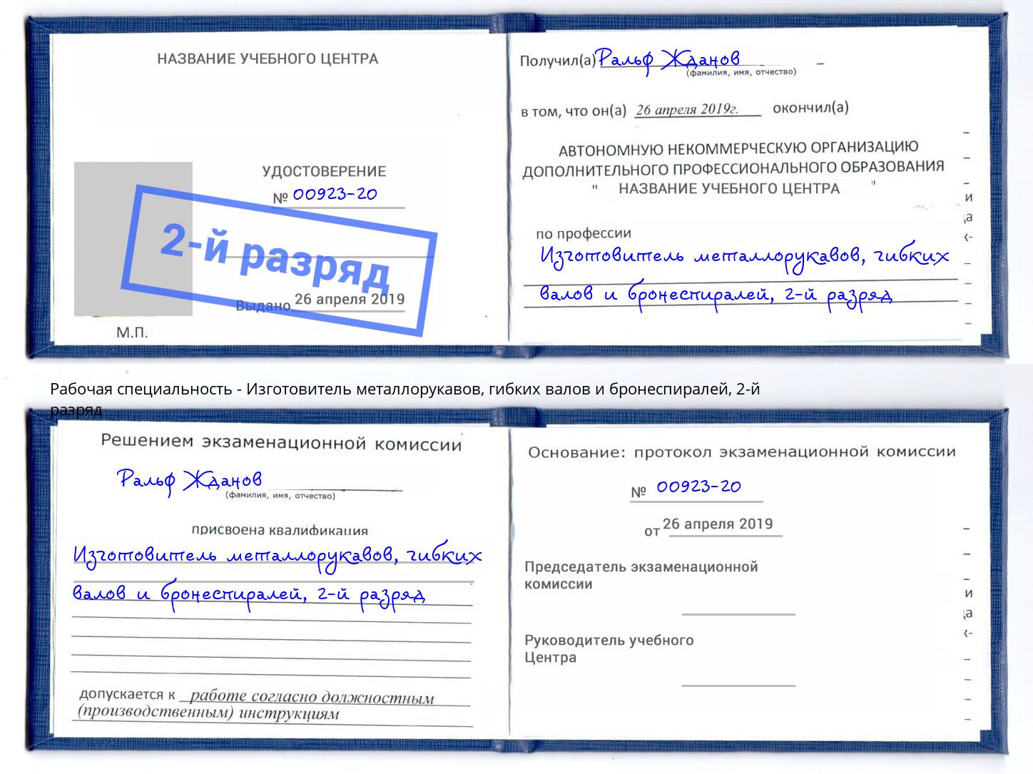 корочка 2-й разряд Изготовитель металлорукавов, гибких валов и бронеспиралей Дагестанские Огни